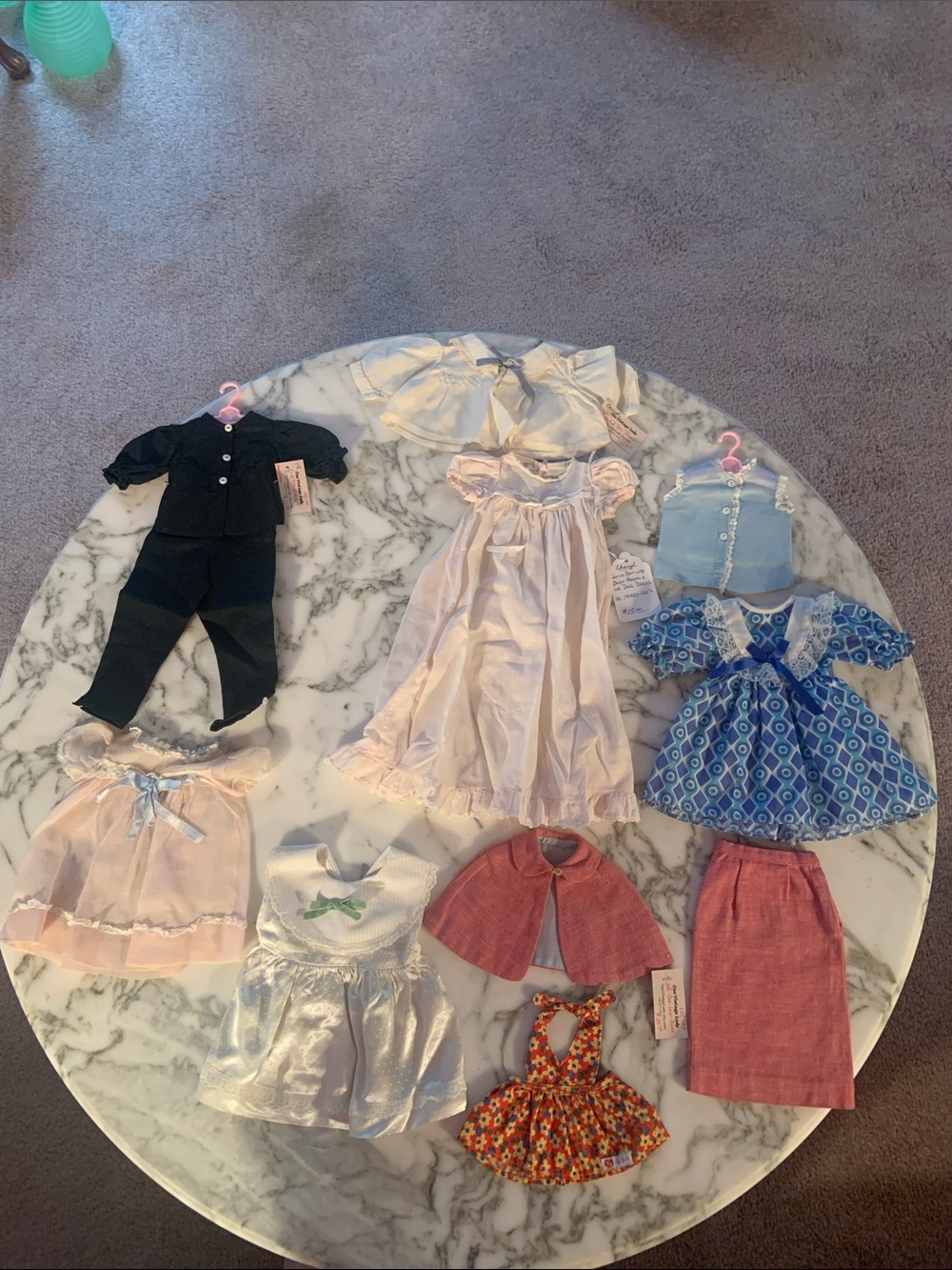 Vintage Doll Clothing 9 Piece Lot– Assorted Pastel & Blue Outfits